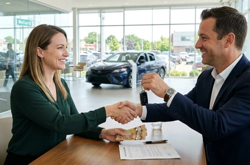 DriveWise lending specialist reviewing a car loan application with a client in a bright modern office